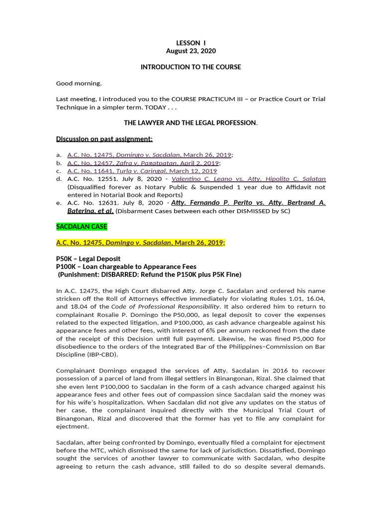 LESSON 1 Aug 23 2020 | PDF | Lawyer | Disbarment
