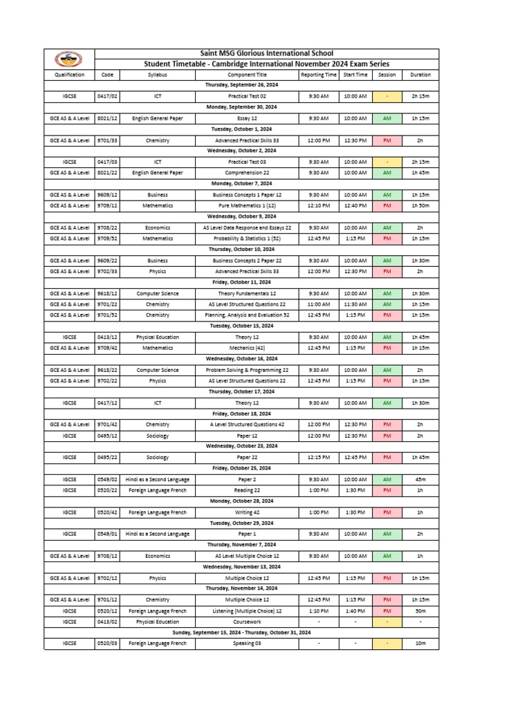 Cambridge November 2024 Exam Timetable | PDF | Educational Stages ...