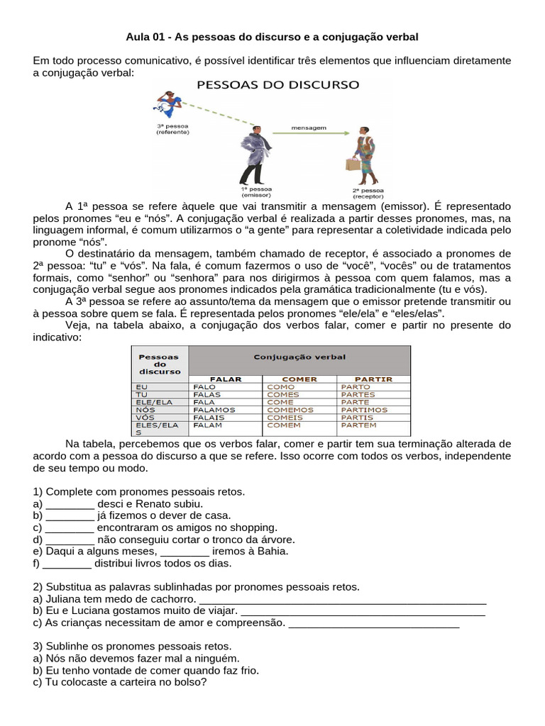 Pessoas do Discurso e Conjugação Verbal | PDF | Pronome | Famílias ...