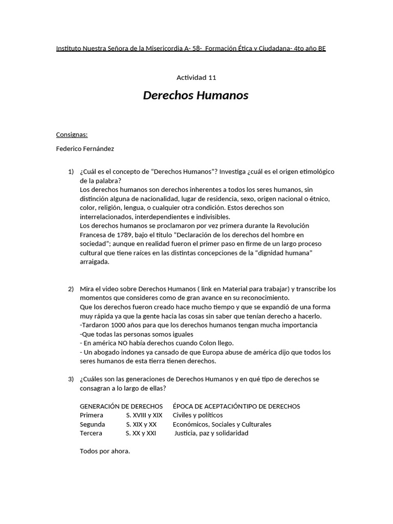 Actividad 10 - Derechos Humanos Federico Fernandez | PDF | Derechos ...