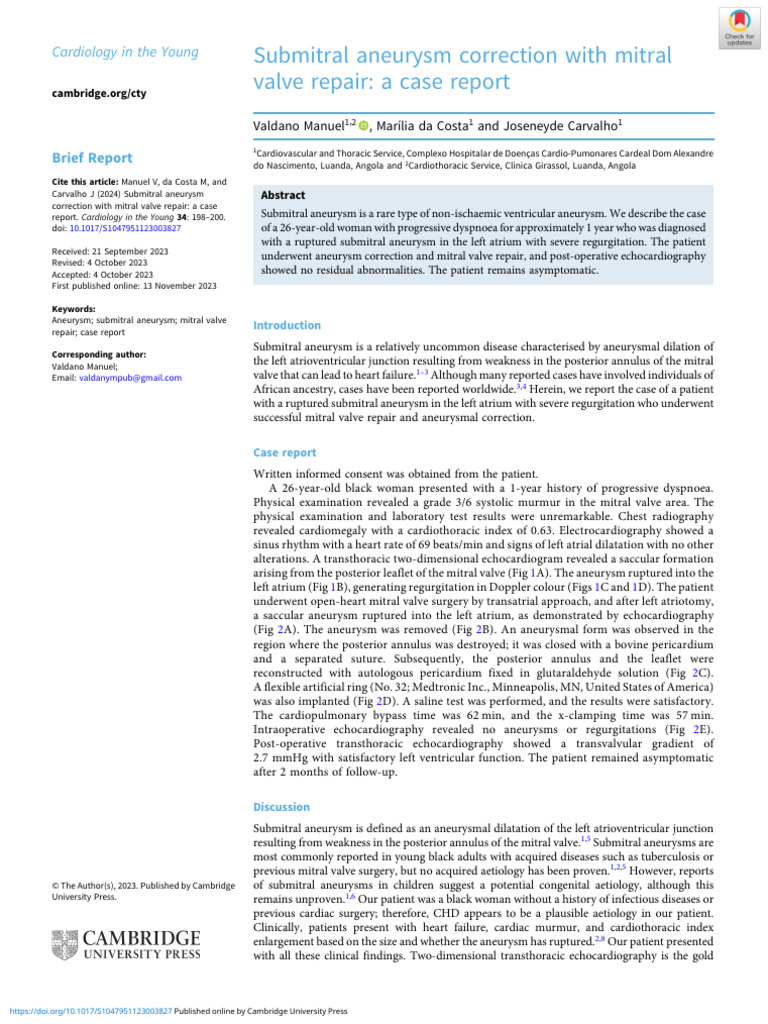 Submitral Aneurysm Correction With Mitral Valve Repair A Case Report ...