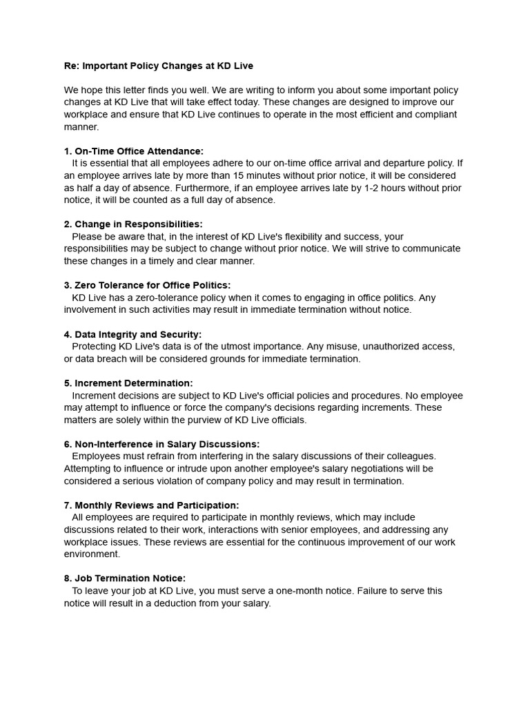 KD Live Policy Changes Announcement | PDF | Employment | Business