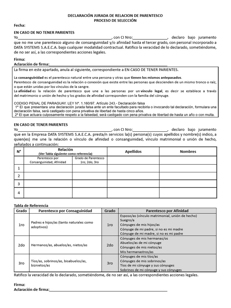 Declaración Jurada de Parentesco Legal | PDF | Parentesco | Parentesco ...