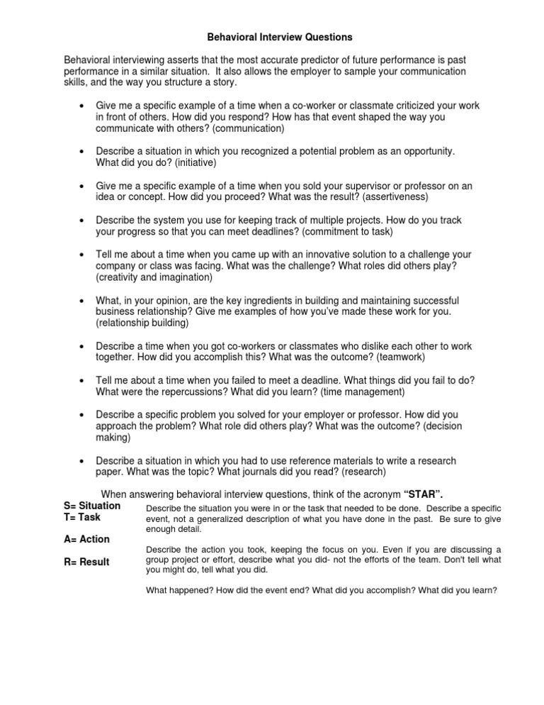 Essential Behavioral Interview Questions | PDF | Career & Growth | Self ...