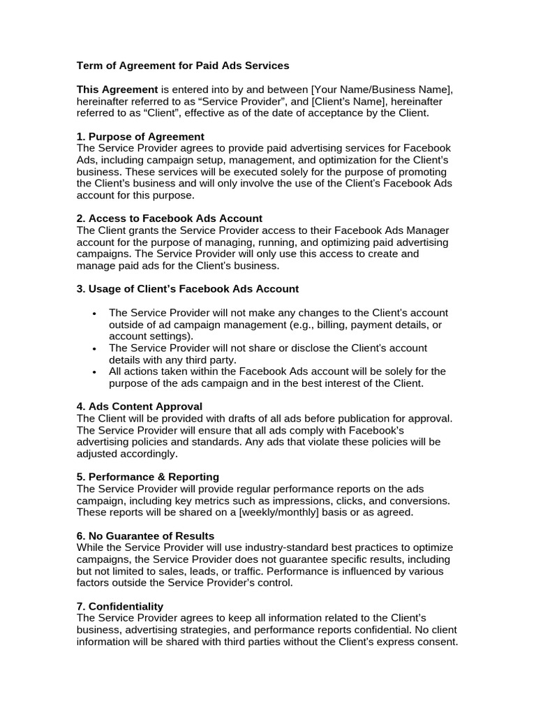 Paid Ads Services Agreement Template | PDF | Indemnity | Business