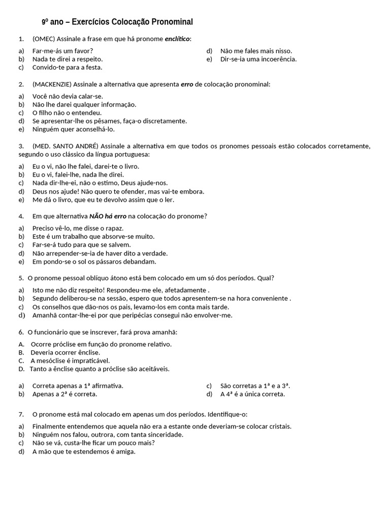 Exercícios de Colocação Pronominal | PDF