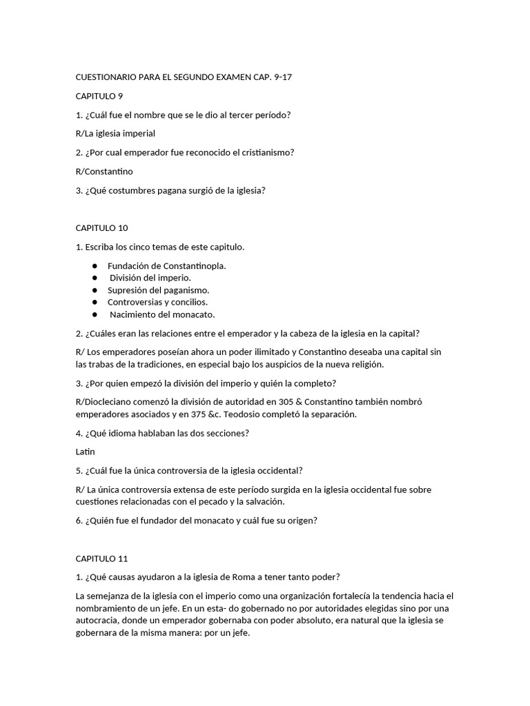 Cuestionario para El Segundo Examen H e | PDF | Iglesia cristiana ...