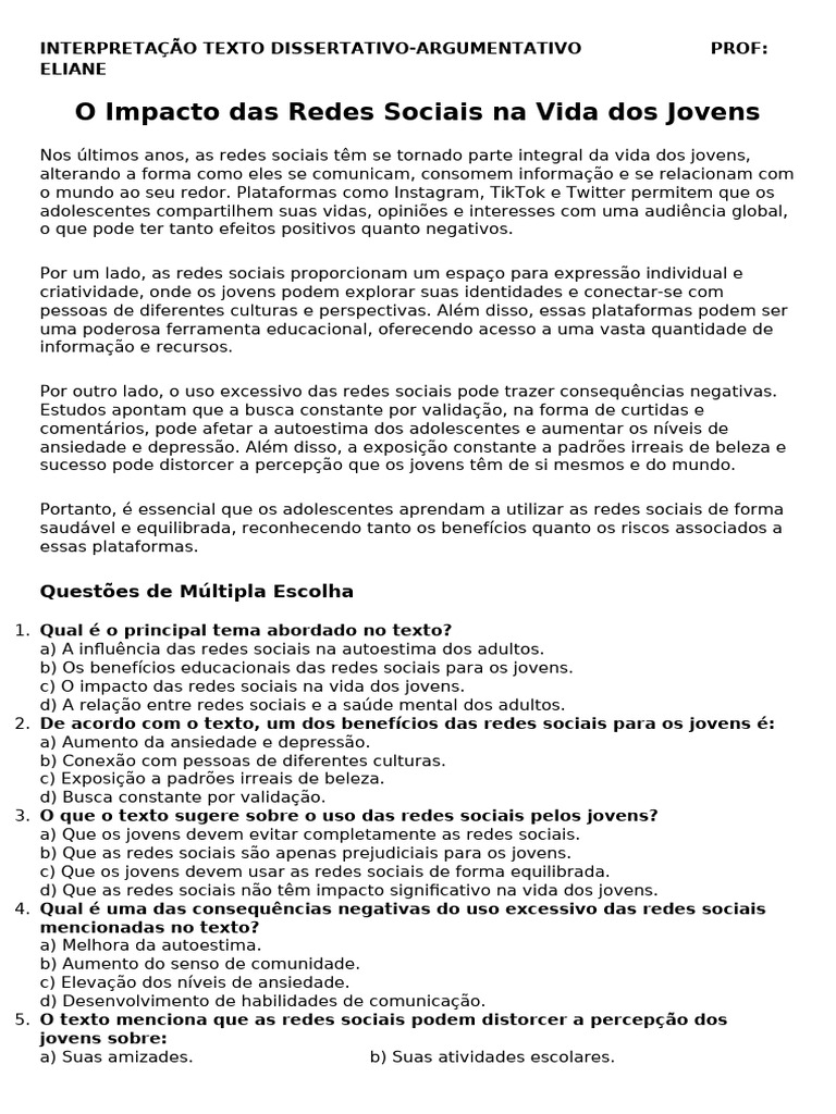 INTERPRETAÇÃO TEXTO O Impacto Das Redes Sociais Na Vida Dos Jovens ...