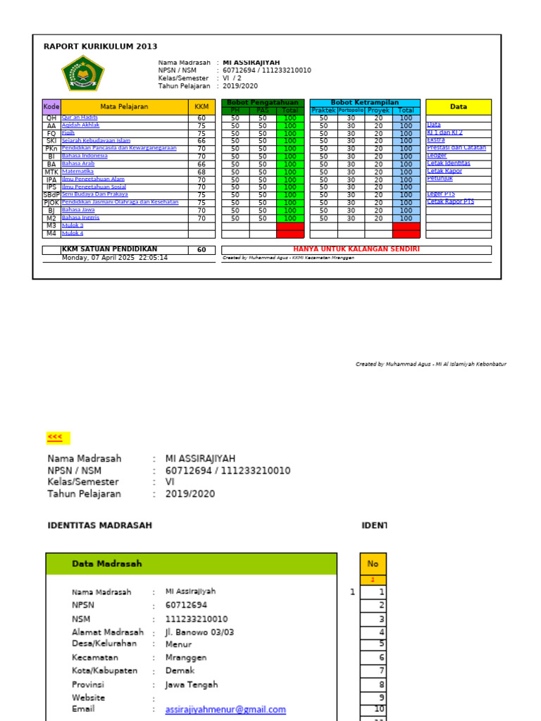 Rapor Kurikulum 2013 MI Assirajiyah | PDF