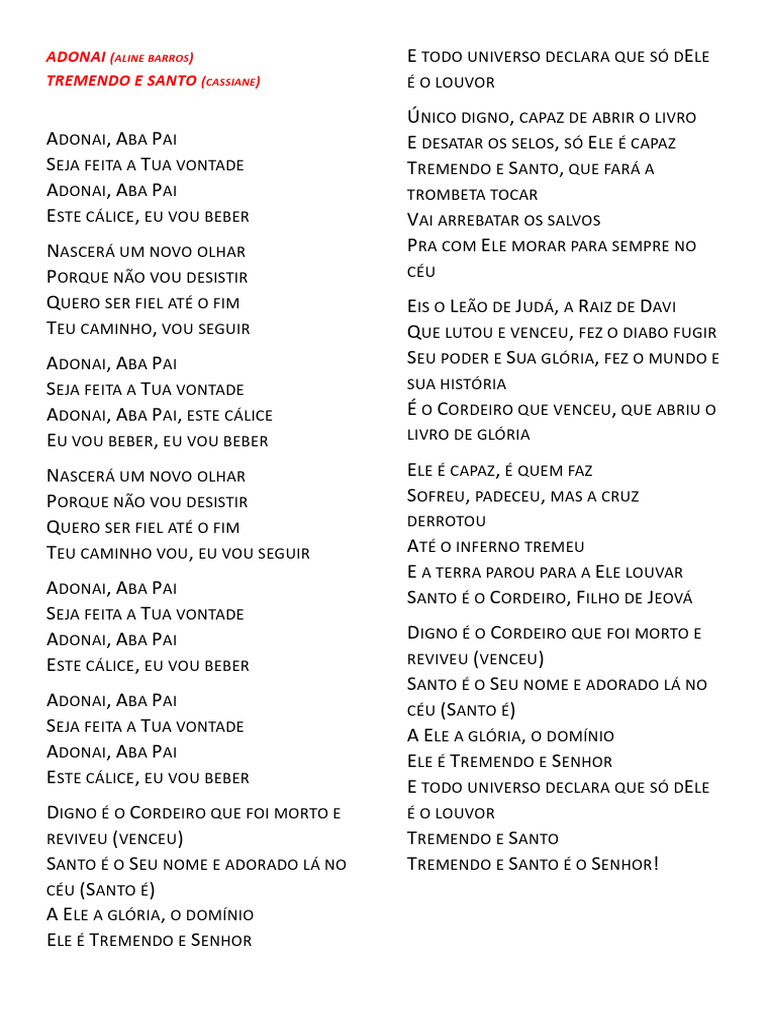 Letras de Adonai e Tremendo e Santo | PDF