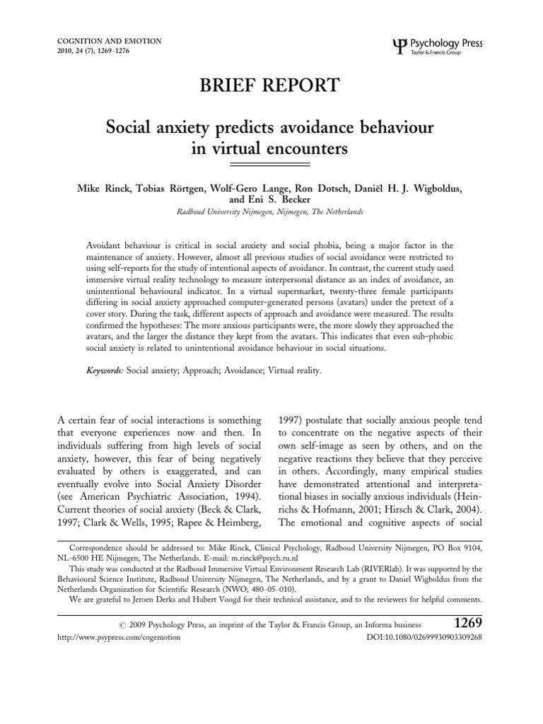 Rinck Et Al. - Social Anxiety Predicts Avoidance Behaviour in Virtual ...