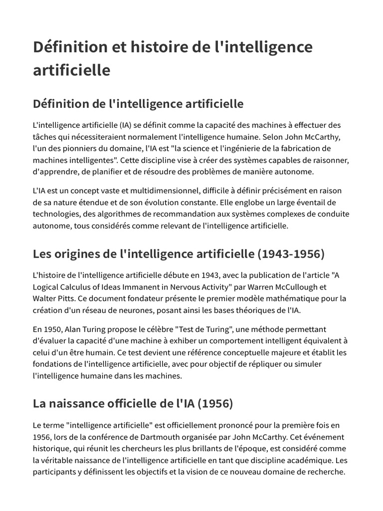 Histoire et définition de l'IA | PDF | Intelligence artificielle ...
