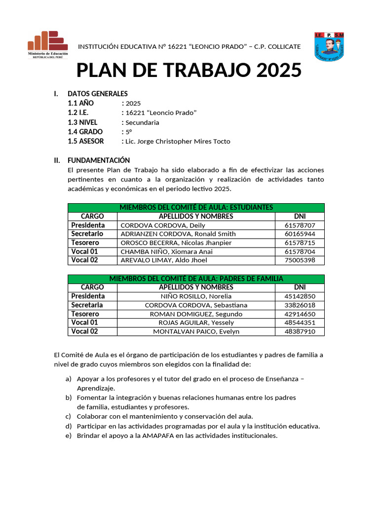 Plan de Trabajo 2025 I.E. Leoncio Prado | PDF | Aprendizaje