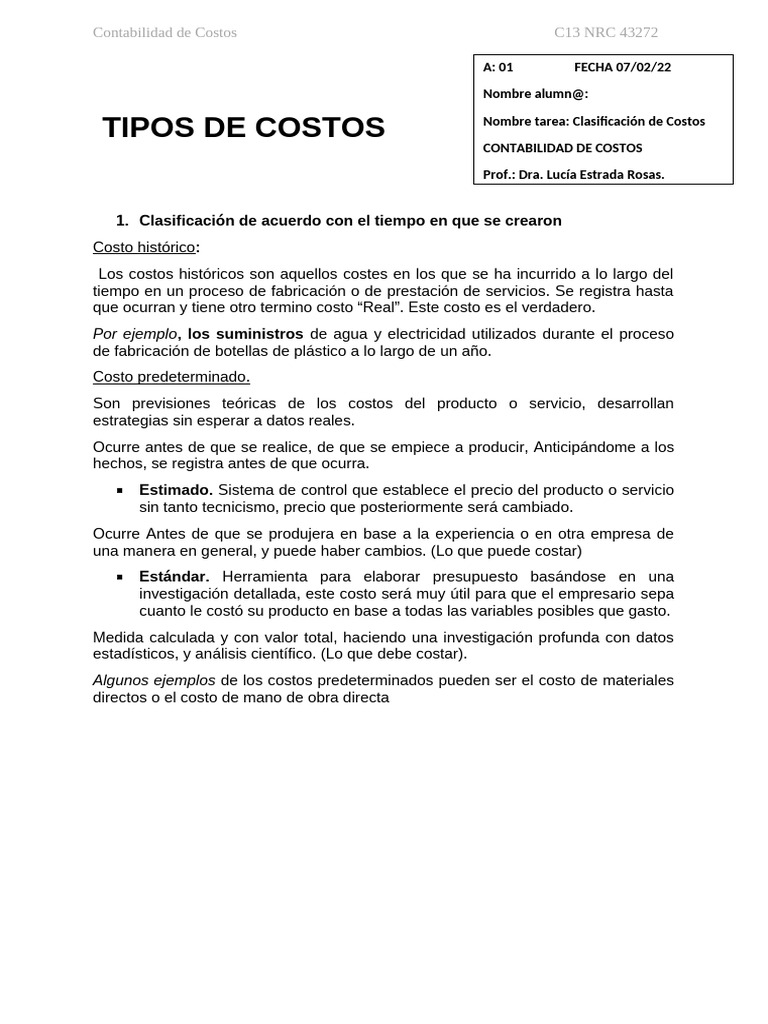 Clasificación de Costos en Contabilidad | PDF | Costo | Contabilidad de ...