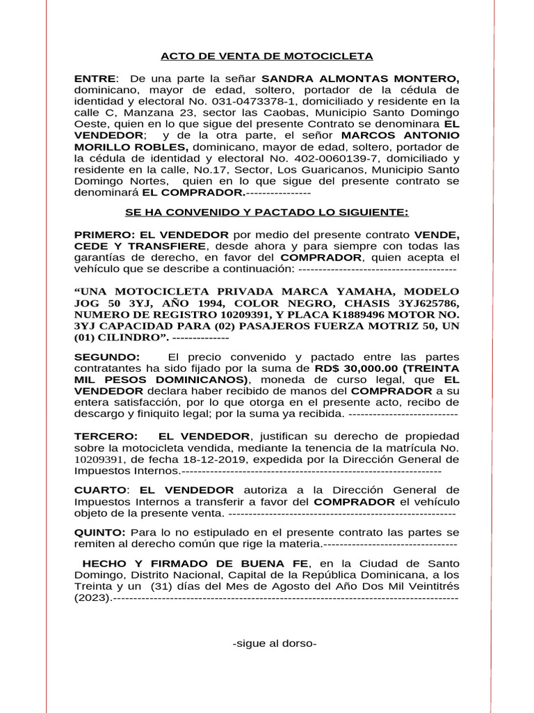 Contrato de Venta de Motocicleta Yamaha | PDF