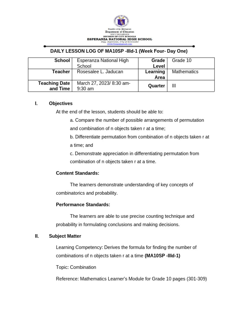 Grade 10 Math: Permutation vs Combination | PDF | Learning | Mathematics