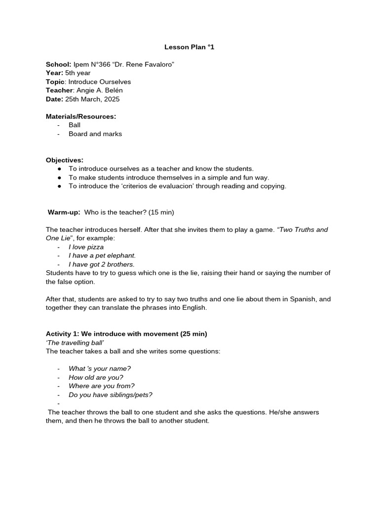 Fun Introductions Lesson Plan for Students | PDF | Human Communication