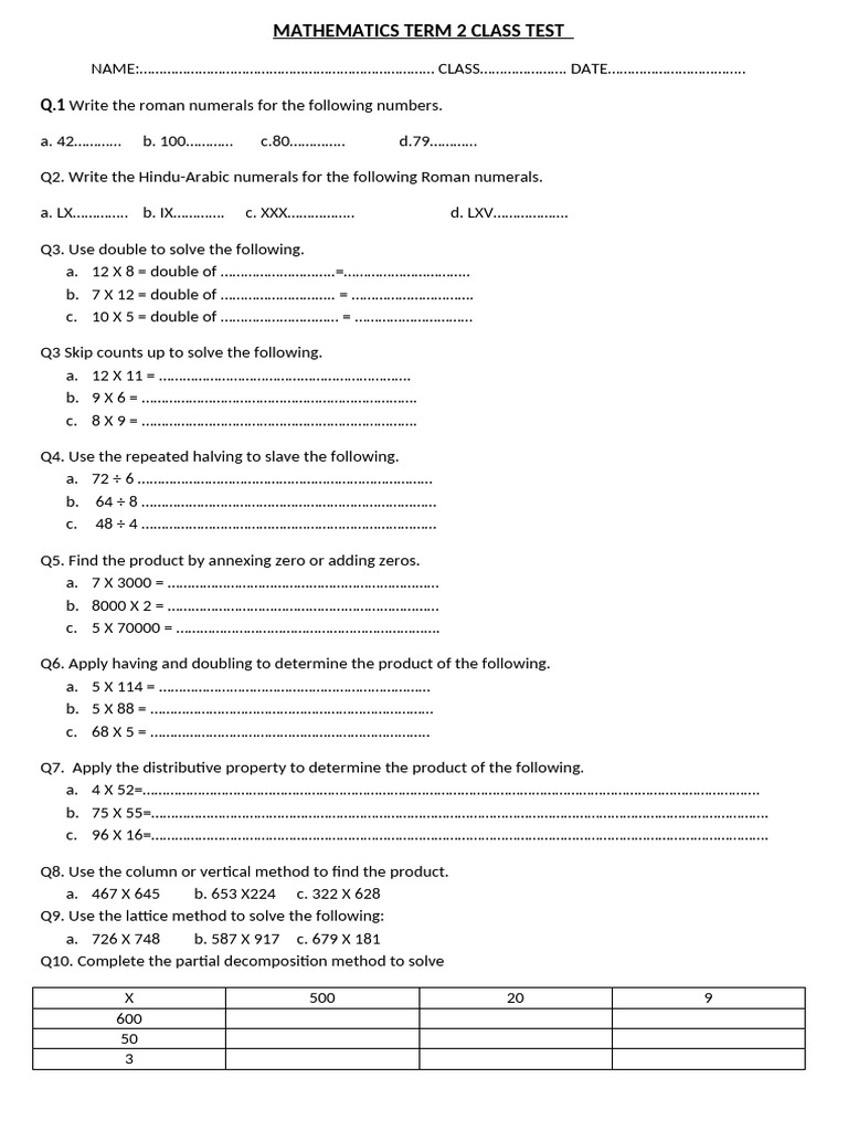 Mathematics Term 2 Class Test | PDF
