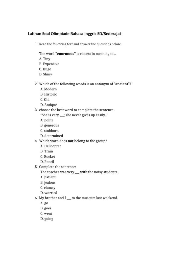English Olympiad Questions PhaseC | PDF | Elephant