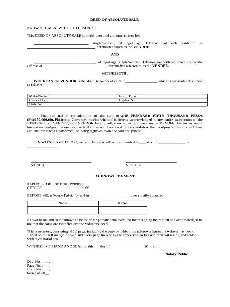 Deed of Absolute Sale Template | PDF | Land Law | Real Property Law