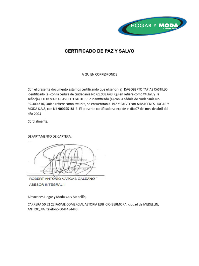 Certificado de Paz y Salvo - Hogar y Moda | PDF