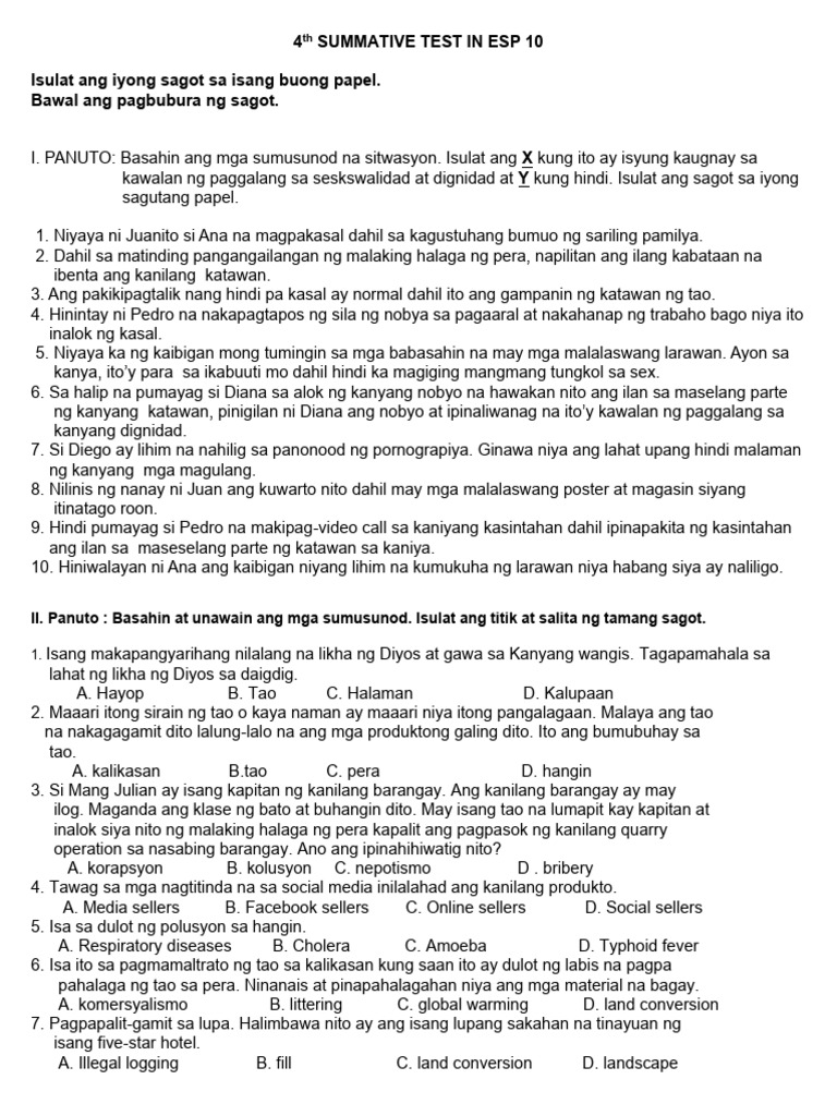 4TH Summative Test in Esp 10 PDF | PDF