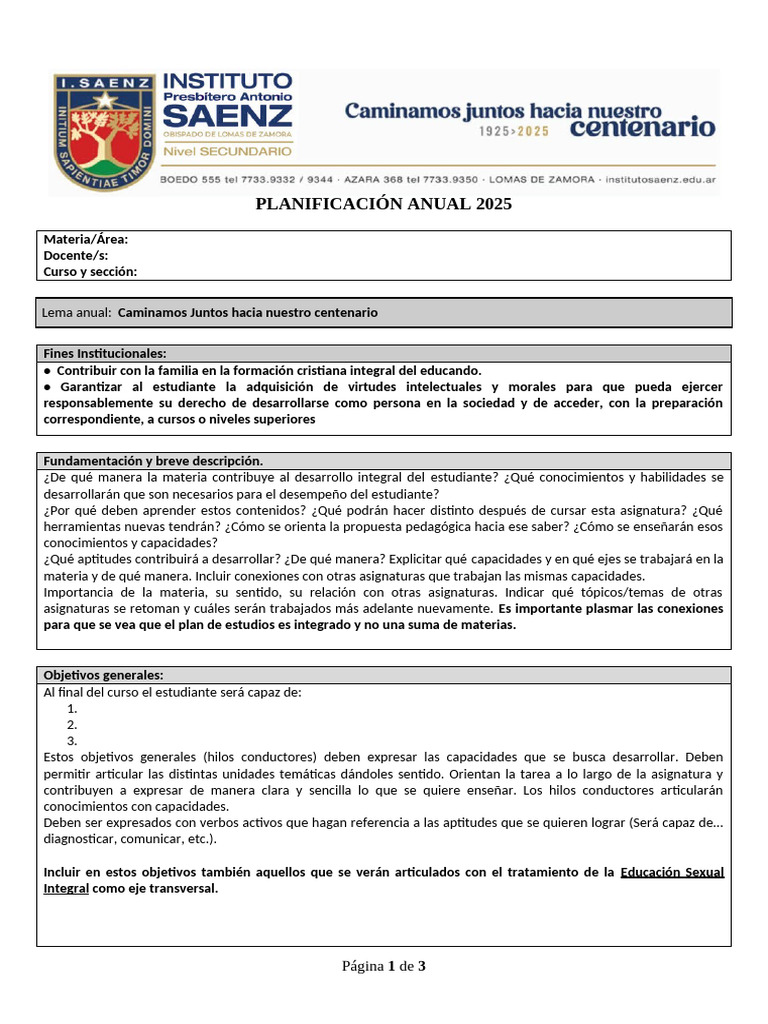 Planificación Anual 2025 Educativa | PDF | Plan de estudios | Enseñando