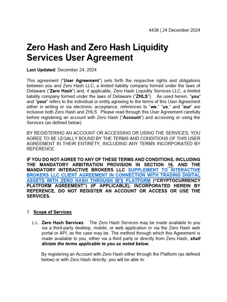 Zero Hash and Zero Hash Liquidity Services User Agreement | PDF ...