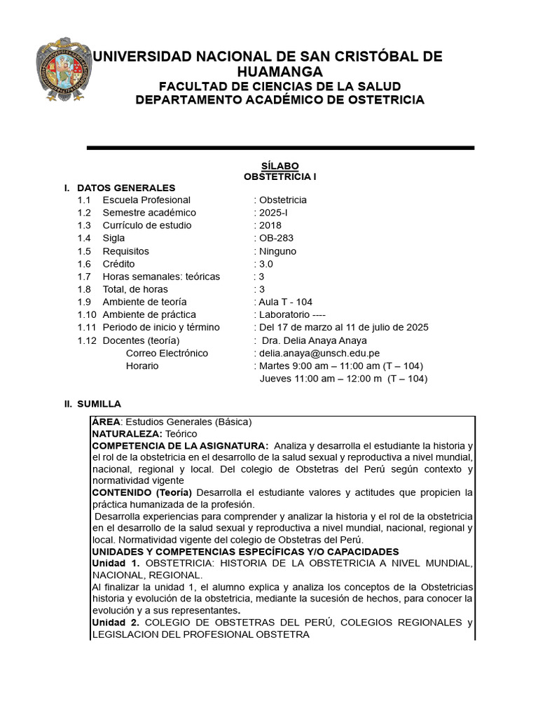 Sílabo de Obstetricia I - UNSCH 2025 | PDF | Partería | Enseñando
