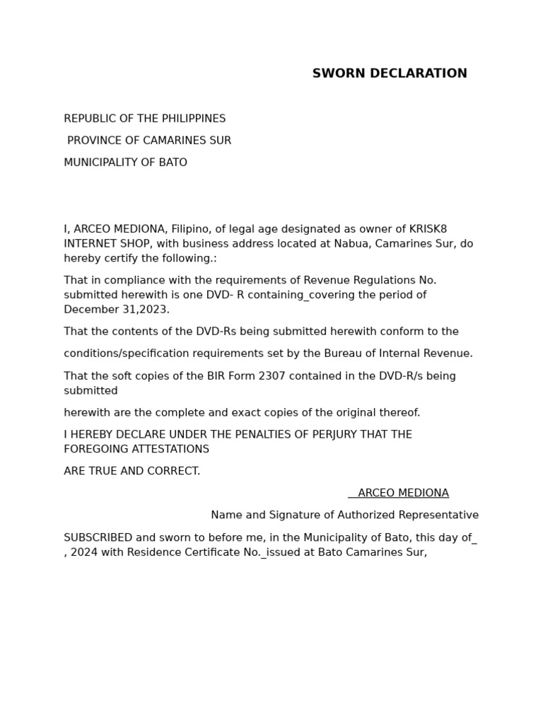 Sworn Declaration for BIR Compliance | PDF