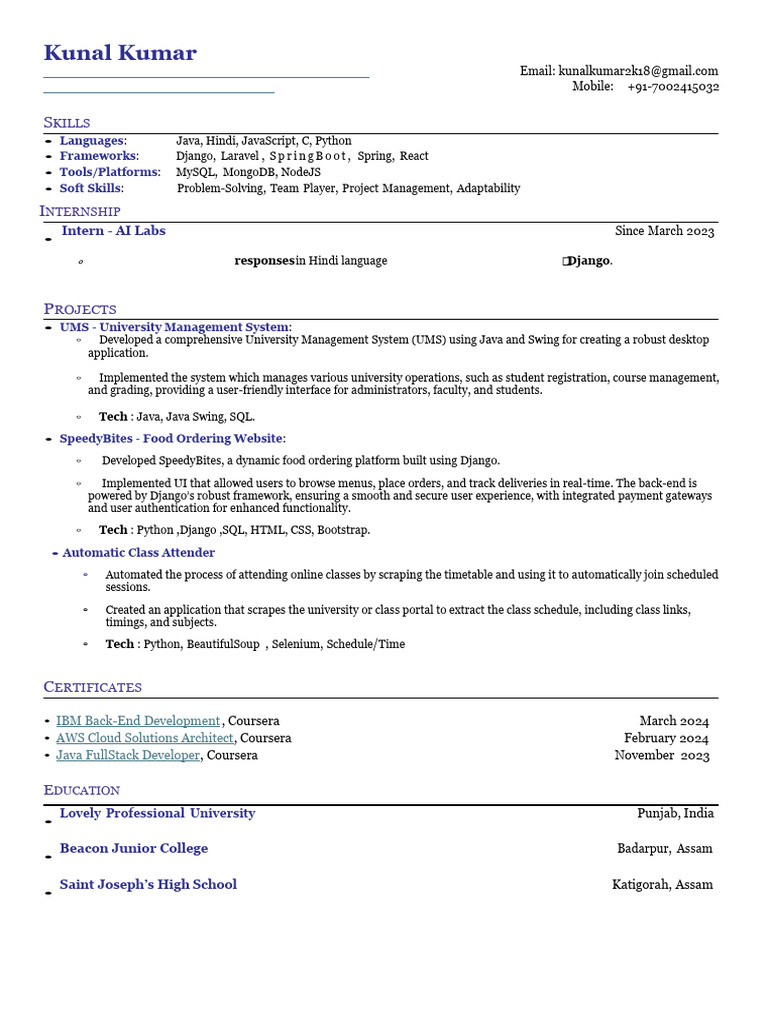 Kunal Kumar: Software Developer Profile | PDF | Software | Computing
