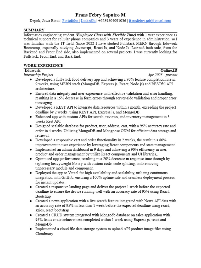 Frans Manullang Junior Fullstack Developer Resume | PDF | Software ...