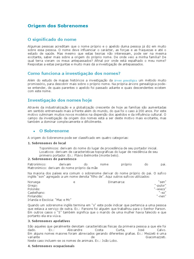 Origem Dos Sobrenomes | PDF | Sobrenome | Brasil