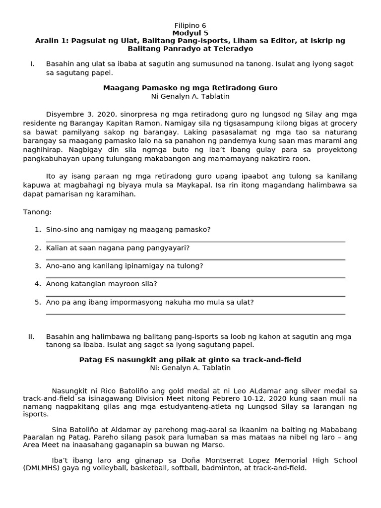 Maikling pagsusulit sa Pagsulat ng Balita | PDF