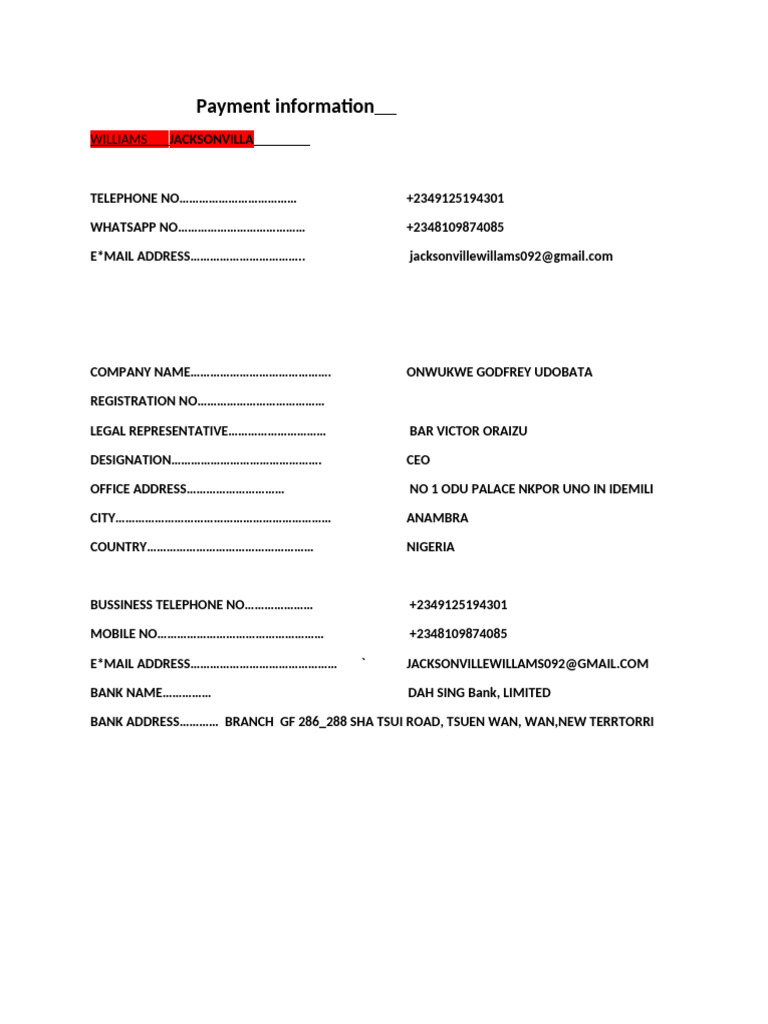 Payment Information for Onwukwe Godfrey Udobata | PDF