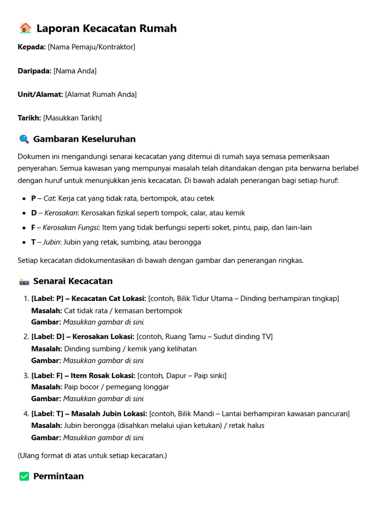 Template Laporan Defect Rumah | PDF