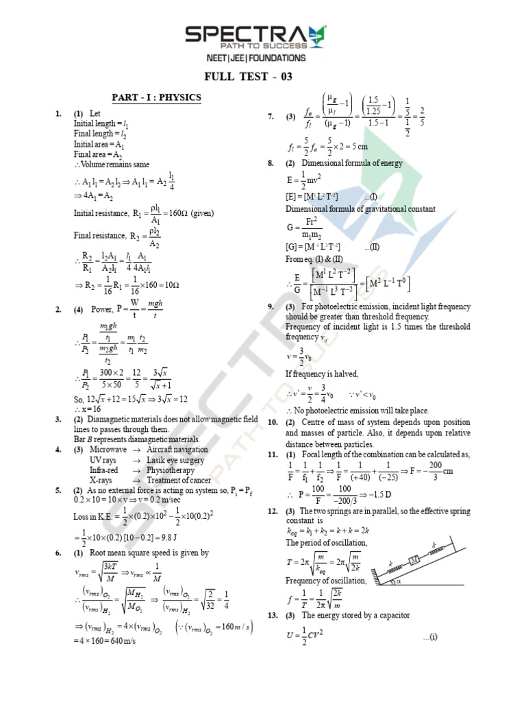 Full Test 03 KEY | PDF | Quantity | Physics