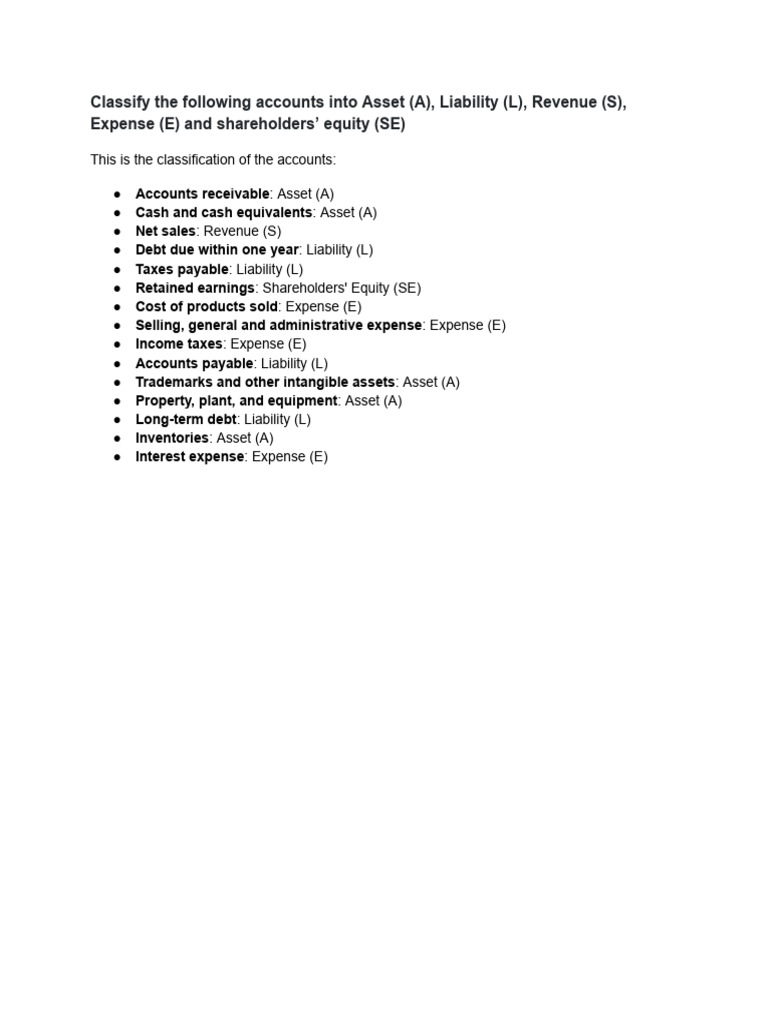 Account Classification Guide: A, L, S, E, SE | PDF