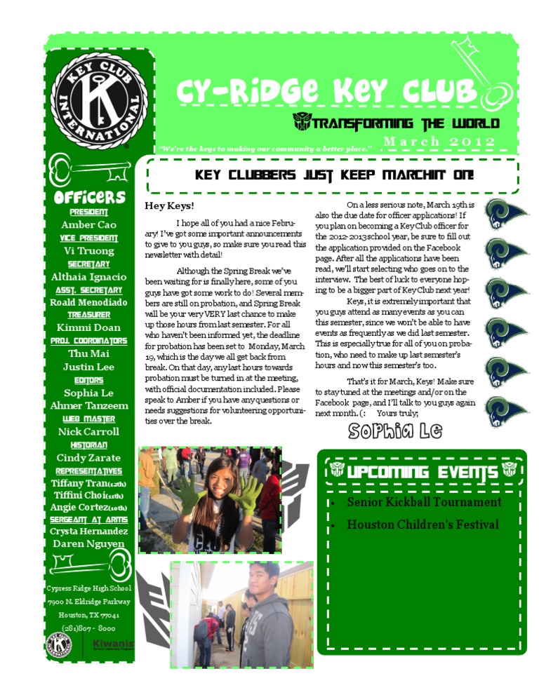 Cy-Ridge Key Club March Newsletter | PDF | Career & Growth