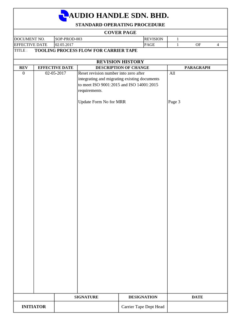 SOP-PROD-003 Tooling Process Flow for Carrier Tape_Rev 0 | PDF