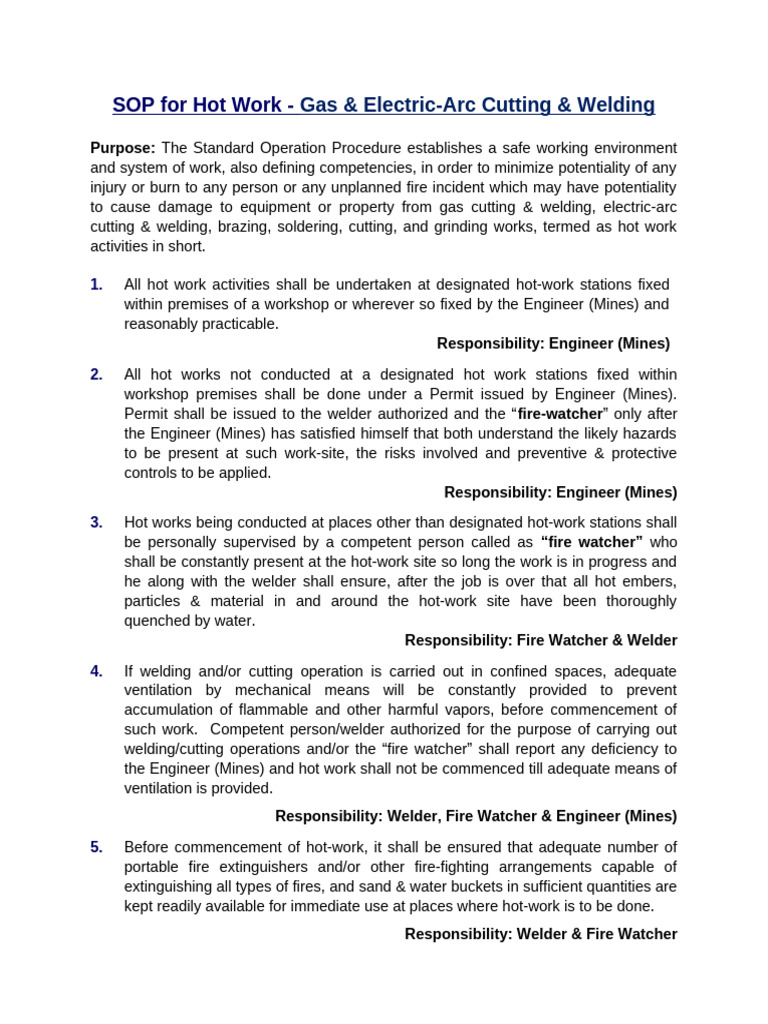 Hot Work Safety Procedures SOP | PDF | Welding | Construction