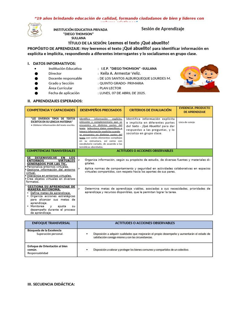 Sesión de Comunicacion - Plan Lector - 2025 Quinto Grado de Primaria ...
