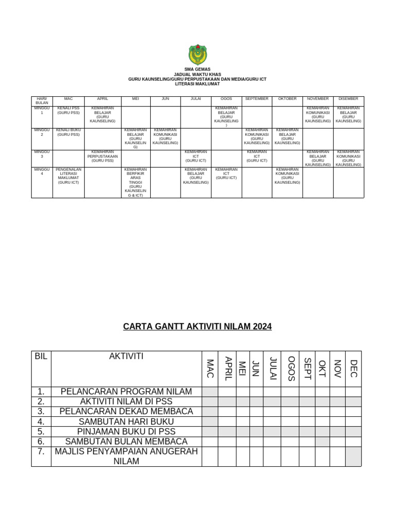 Jadwal Aktivitas Literasi SMA GEMAS | PDF