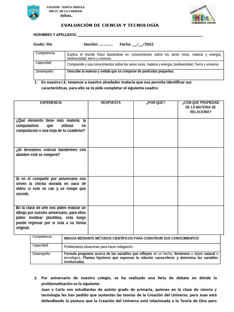 Evaluación de Ciencia y Tecnología Quinto Grado III Trimestre-2022 ...