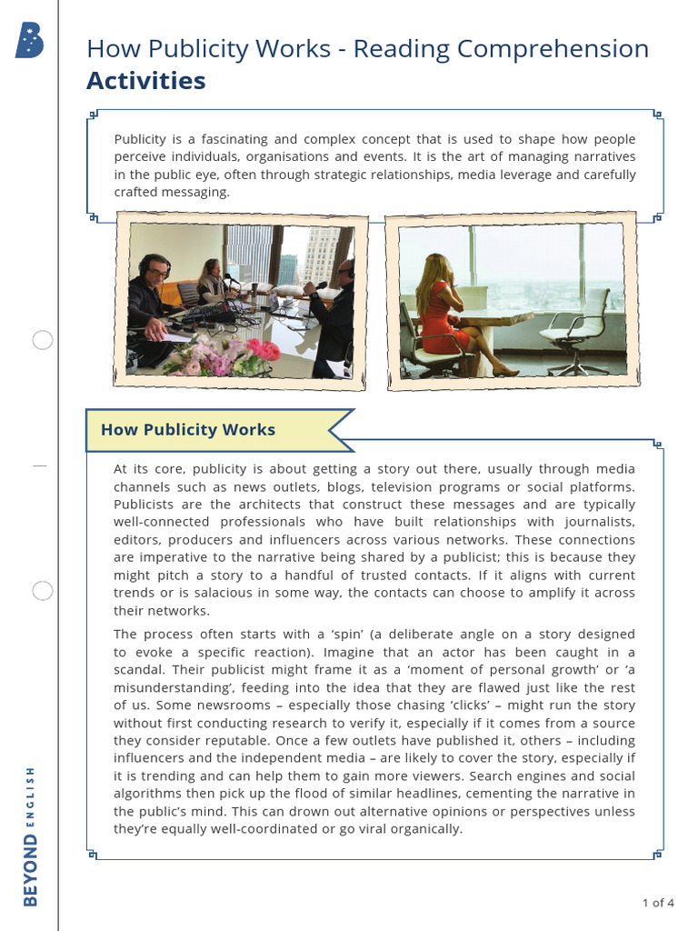 How Publicity Works - Reading Comprehension Activities | PDF ...
