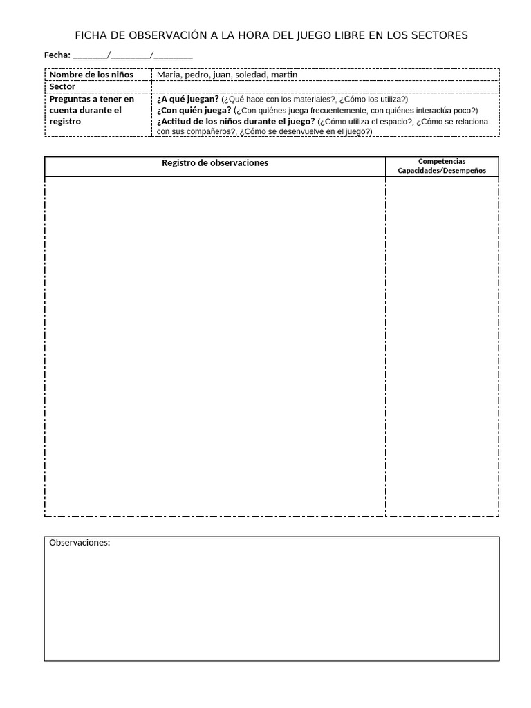 Ficha de Observación A La Hora Del Juego Libre en Los Sectores 23.03.25 ...