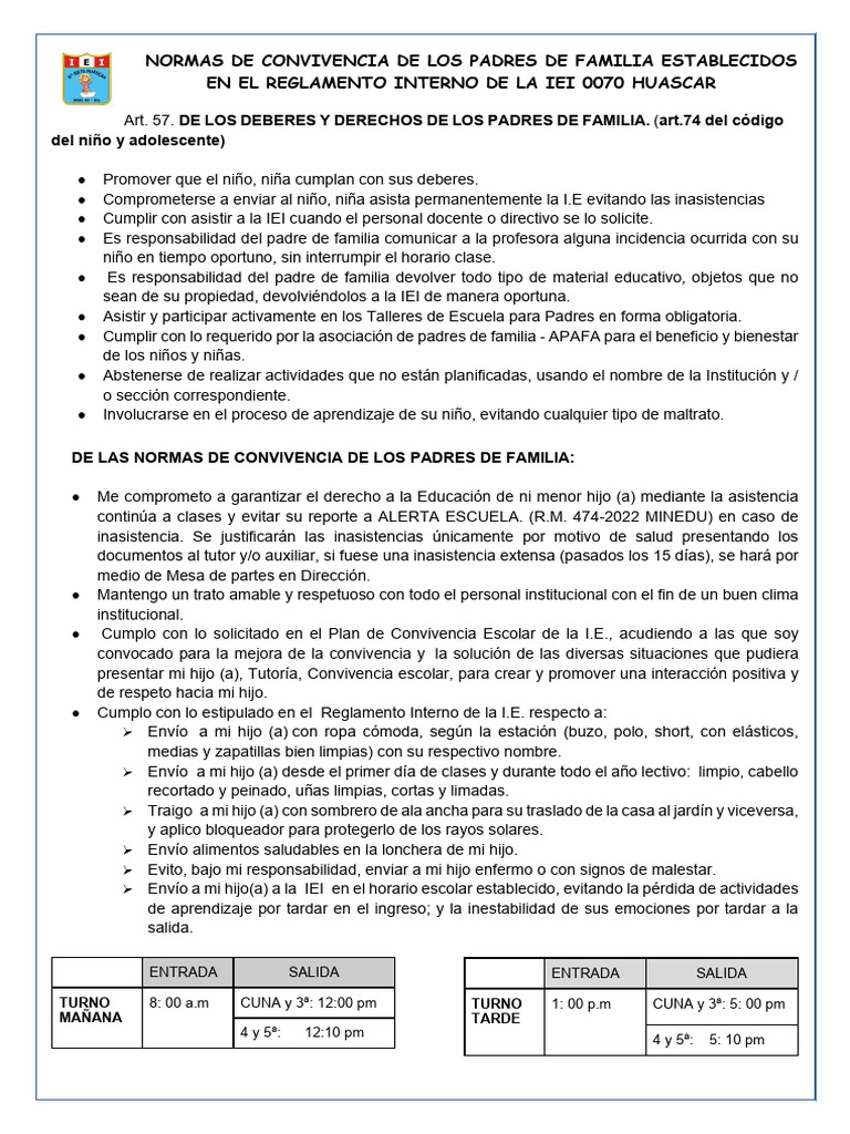 Normas de Convivencia para Padres en IEI 0070 | PDF | Maestros | Escuelas