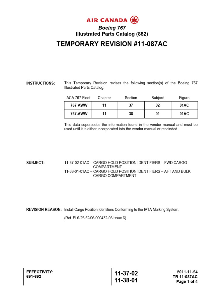 Boeing 767 Parts Catalog Revision 11-087AC | PDF