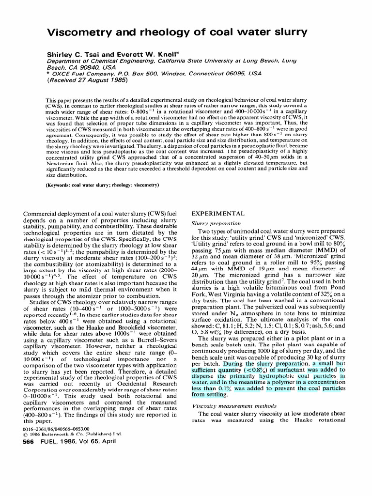 Rheological Study of Coal Water Slurry PDF Rheology Viscosity