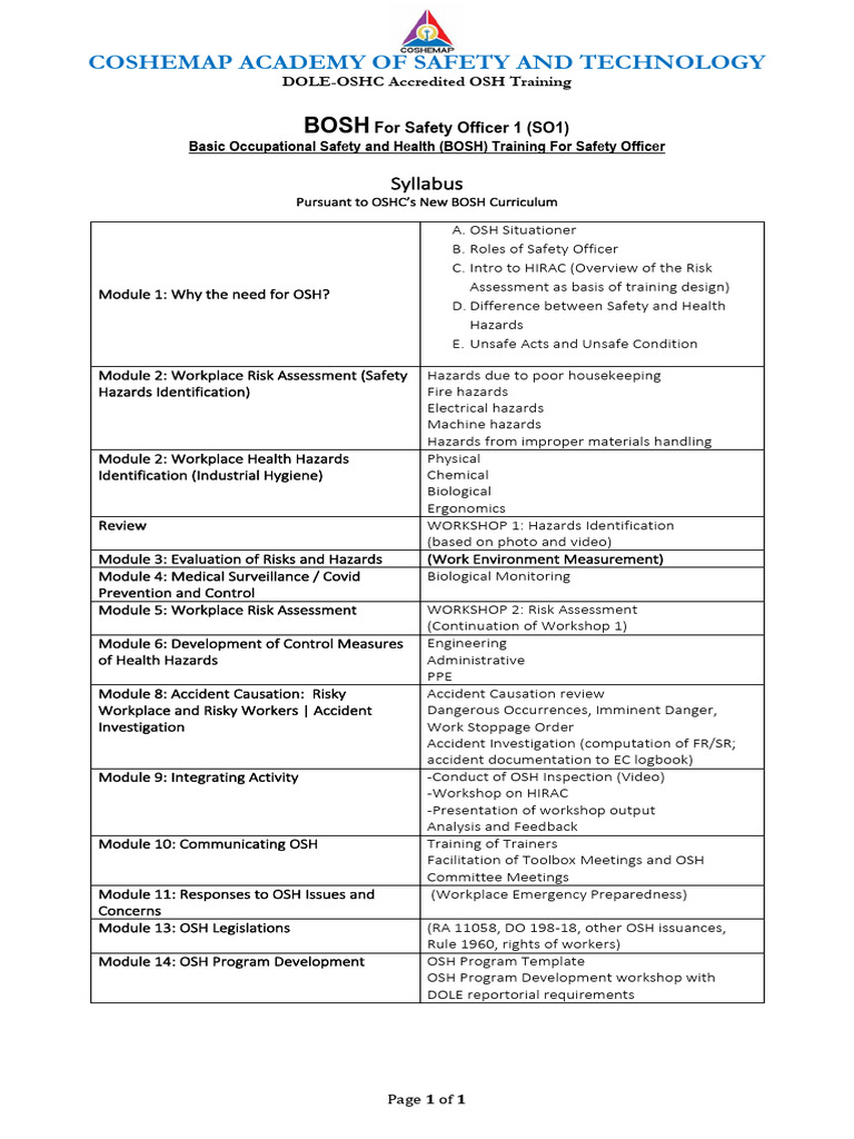 BOSH Training for Safety Officer 1 | PDF | Hazards | Occupational ...
